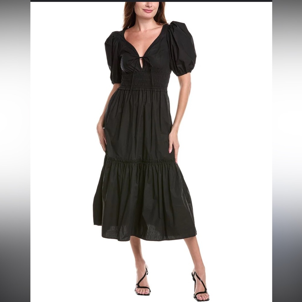 NWT Ganni Black Puff Sleeve Tiered Skirt Cotton‎ Midi Maxi Dress Tie Front SZ 36